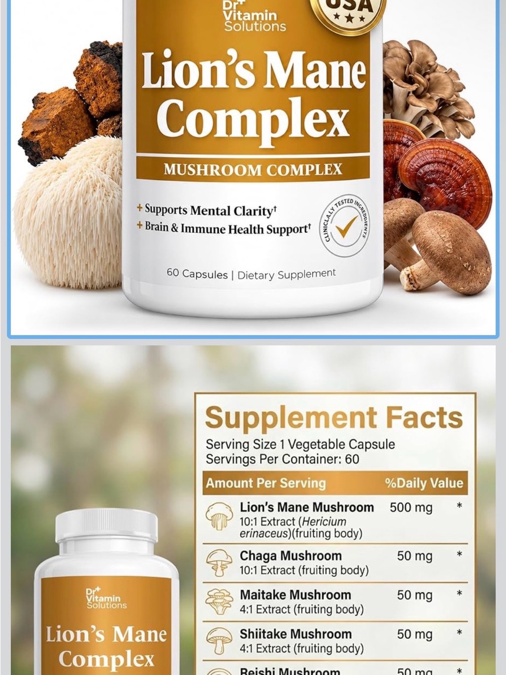 Dr. Vitamin Solutions Lion's Mane Complex — White & Gold Mushroom Supplement